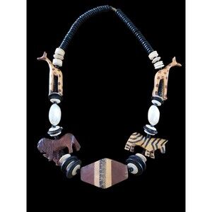 Vintage Carved Wood Safari Necklace Beaded 26" Boho